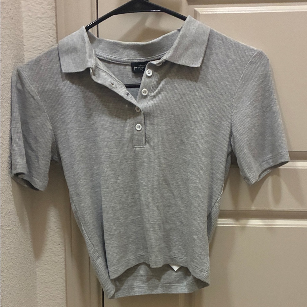 Brandy Melville Gray Ribbed Polo Button-Down Top